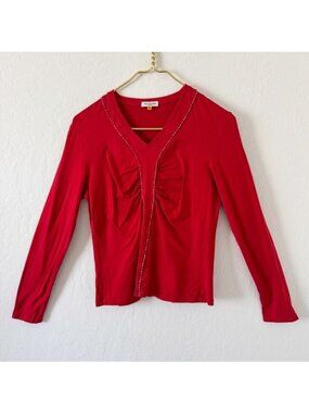 Guy Laroche Red V-Neck Ruched Stretch Viscose Long Sleeve Top Small